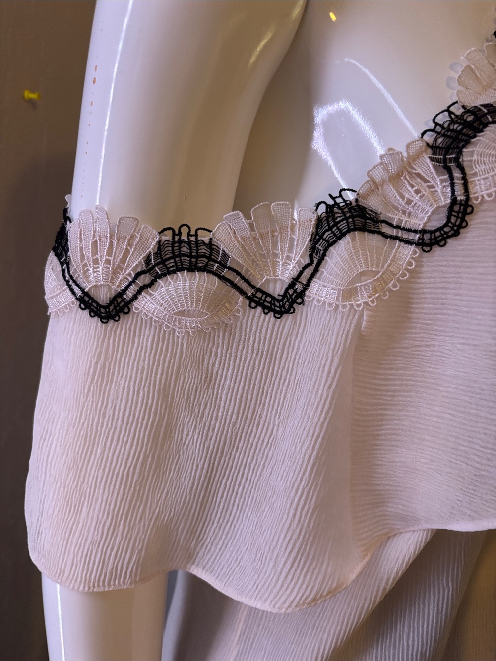 Off-Shoulder White Ruffle Camisole with Black Trim - Picture 2 of 9
